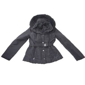 Esprit Black Faux Fur Trim Hooded Belted‎ Winter Jacket Coat Women Size L